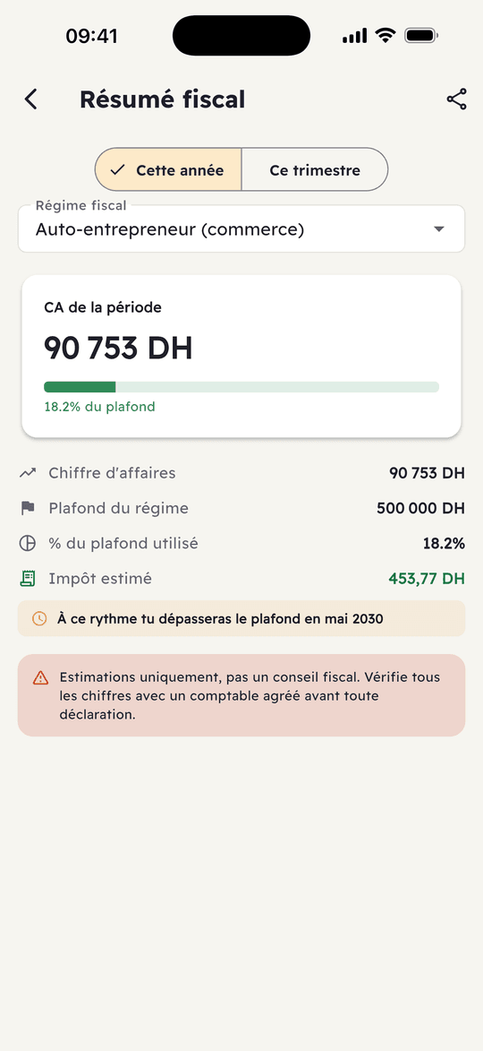 Capture de l’app Ribh : Ton résumé fiscal au Maroc