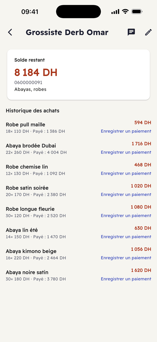 Capture de l’app Ribh : Ce que tu dois à chaque fournisseur