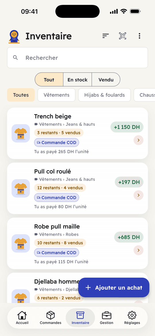 Capture de l’app Ribh : Gagné ou perdu, sur chaque produit