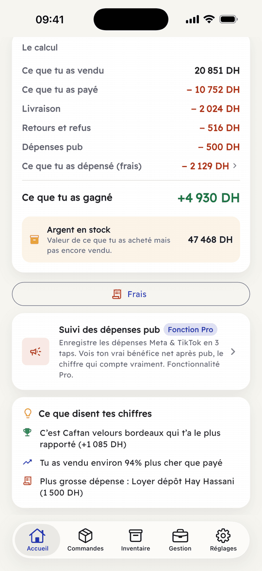 Capture de l’app Ribh : L’argent qui dort dans ton stock