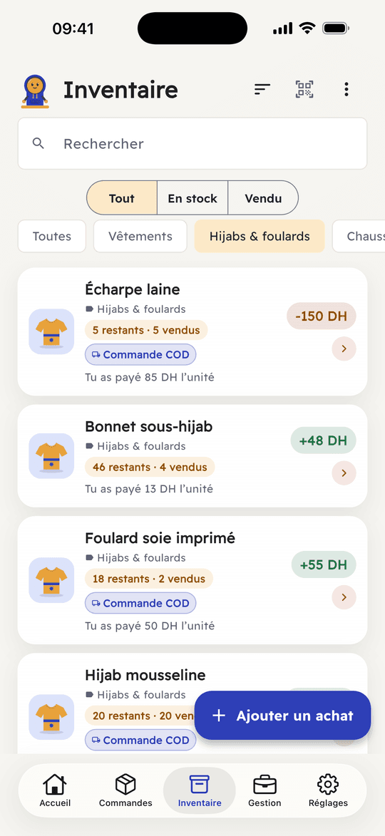Capture de l’app Ribh : Combien il te reste de chaque produit