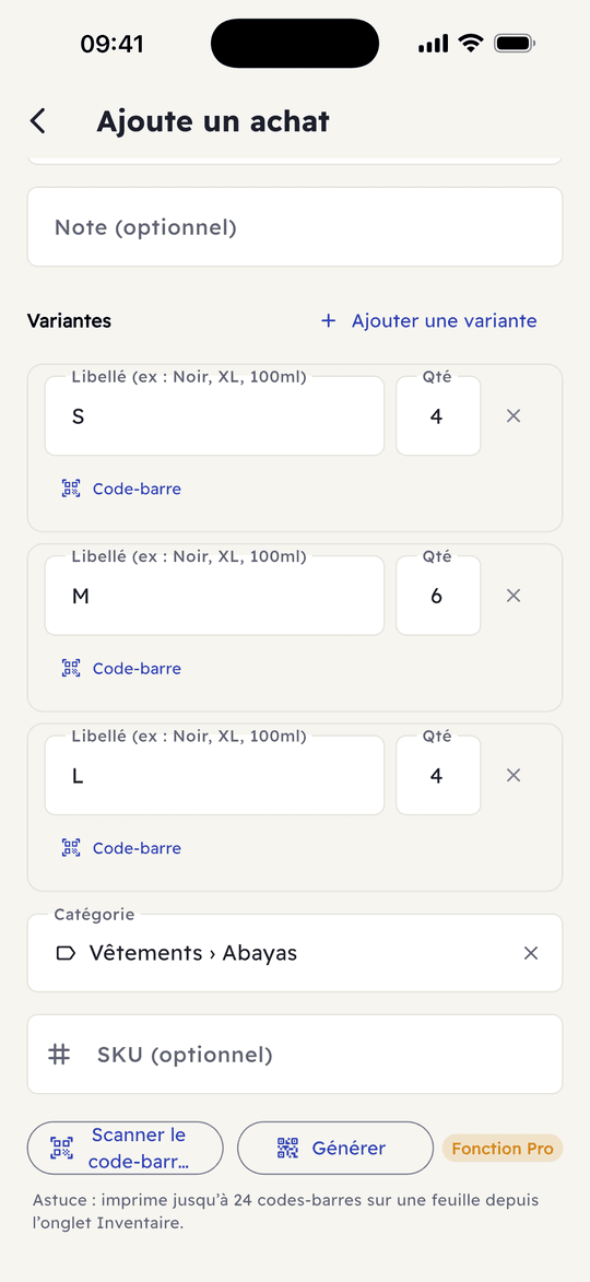 Capture de l’app Ribh : Tailles, couleurs, modèles : les variantes