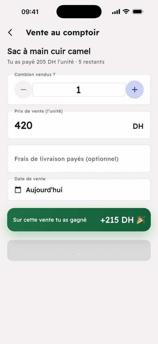 Capture de l’app Ribh : Note une vente, avec sa livraison