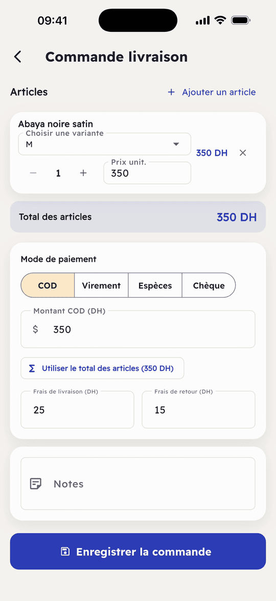 Capture de l’app Ribh : Crée une commande livraison