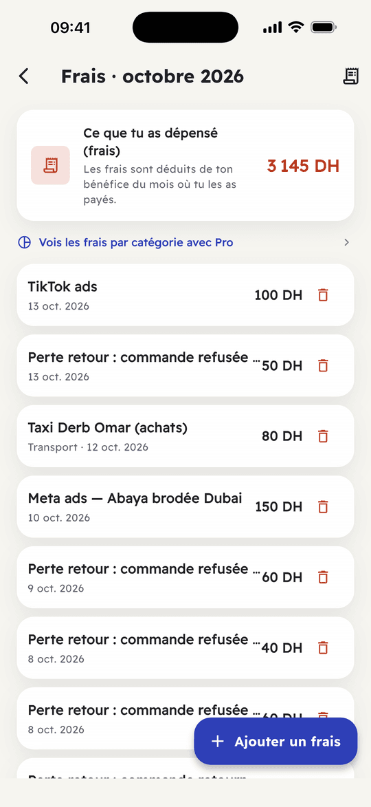 Capture de l’app Ribh : Tes frais : loyer, emballage, transport