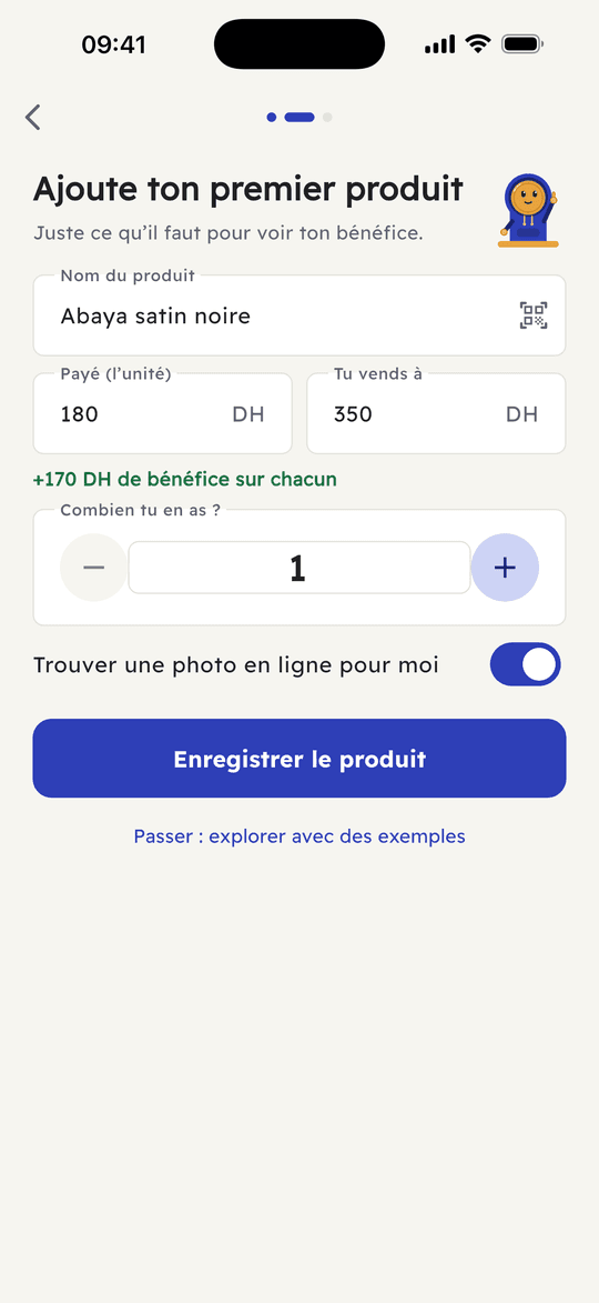 Capture de l’app Ribh : Ton premier produit et ta première vente en 1 minute