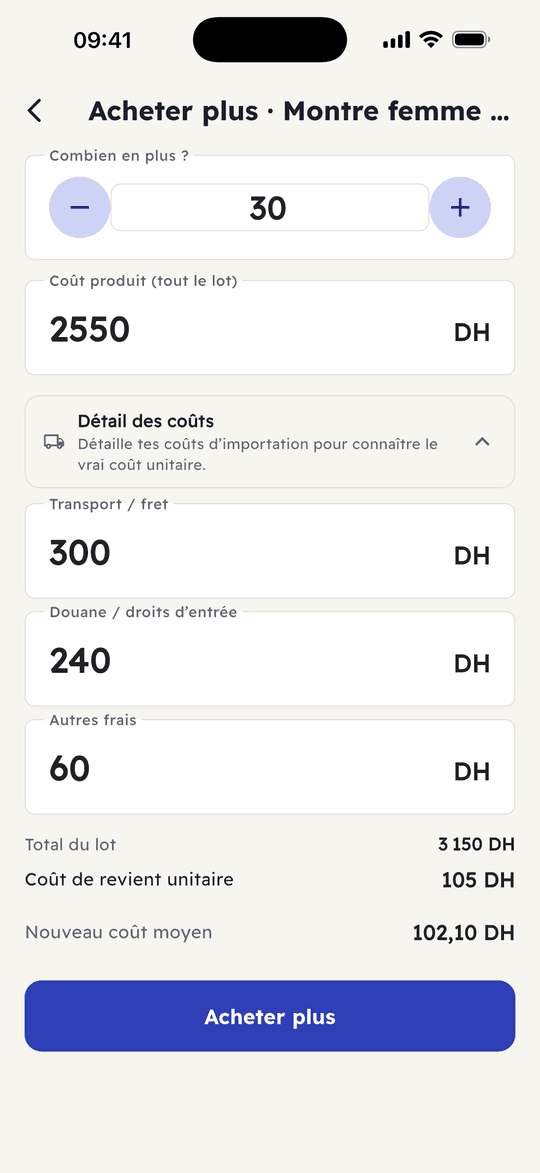Capture de l’app Ribh : Le vrai coût : transport, douane, frais